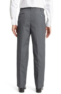 A clean flat-front cut styles sharp trousers fashioned from cotton-kissed poplin and fitted with a self-sizer waistband to ensure a custom fit. 37" inseam; 18" leg opening; 10 1/2" front rise 65% polyester, 35% cotton Machine wash, tumble dry Imported Classic Straight Fit Bottoms With Belt Loops, Business Casual Pants With Welt Pockets, Classic Bottoms With Hidden Pockets And Straight Hem, Classic Trousers With Hidden Pockets, Fitted Cotton Dress Pants With Hip Pockets, Classic Straight Fit Bottoms With Welt Pockets, Straight Fit Bottoms For Workwear, Tailored Flat Front Cotton Work Pants, Formal Straight Leg Bottoms With Hidden Pockets