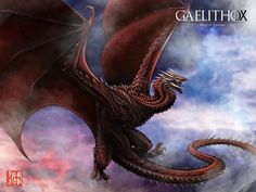 a red dragon flying through the sky with clouds in the backgroung and behind it is an inscription that reads, galaithox