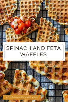 spinach and feta waffles on a cooling rack with tomatoes in the background