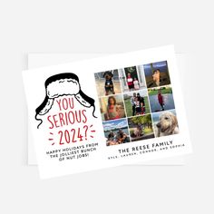 a holiday card with photos of people and their pets in santa hats, which reads you serious 2012?