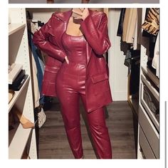 Jluxlabel Chic Burgundy Pants For Party, Chic Burgundy Party Pants, Burgundy Fitted Pants For Parties, Fitted Trendy Pantsuit For Fall, Fitted Burgundy Pants For Party, Chic Red Bottoms For Going Out, Burgundy Bottoms For Fall Party, Burgundy Party Bottoms For Fall, Fall Party Burgundy Bottoms