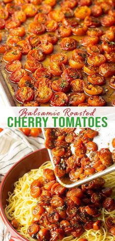 this is an image of cherry tomatoes roasted in tomato sauce on top of spaghetti noodles