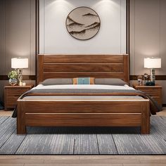 a large bed sitting inside of a bedroom next to two nightstands on either side of the bed