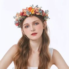 Bohemian Cream, Red And Orange Floral Garden Crown Hair Wreath This Gorgeous Headdress Has Red Roses And Cream Roses With Pink Tips. There Are Small Touches Of Orange Mixed Throughout The Crown. It Is Adorned With Greenery And Small White Flowers Similar To Babies Breath. The Cream Colored Ribbon Allows You To Adjust The Size Of The Headpiece. This Would Be Beautiful For A Bride, Maternity Shoot, Or Flower Girl! *Total Length Appx 18” *Fabric Flowers 16.5”L X 3”W *The Size Is Adjustable With The Flower Headdress, Vacation Hairstyles, Wedding Hair Wreath, Christmas Forest, Hair Wreath, Cheap Hair Products, Bridal Hair Flowers, Wedding Gifts For Bride, Boho Headband