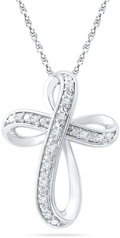 Zales Diamond Accent Looping Cross Pendant in Sterling Silver Silver Cross Necklace With Diamond Accents, White Cross Necklace With Diamond Accents, Diamond Accented Cross Pendant Jewelry For Anniversary, Gift Diamond Cross Pendant Necklace With Single Cut Diamonds, Diamond Cross Pendants Zales, White Diamond Cross Pendant With Single Cut Diamonds, Diamond White Cubic Zirconia Cross Pendant, Rope Chain, Spring Rings