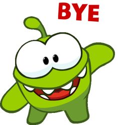 an image of a cartoon character with the words bye in red and green letters above it