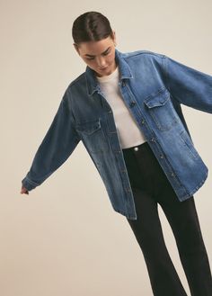 A shacket for all seasons. Cut from comfort-stretch denim, the Dad Shacket in Inez has been washed down to a classic blue with grit and texture creating highs and lows at the seams for a vintage look. It already feels broken in but will get even better with each wear.99% Cotton, 1% ElastaneBambi is 5'8" wearing size XS. Everyday Medium Wash Shacket For Fall, Everyday Medium Wash Fall Shacket, Fall Light Wash Denim Shacket, Everyday Washed Shacket, Relaxed Fit Washed Blue Outerwear With Flap Pockets, Everyday Denim Shacket For Fall, Relaxed Fit Denim Blue Outerwear With Flap Pockets, Denim Blue Relaxed Fit Utility Outerwear, Dark Wash Outerwear With Patch Pockets For Everyday