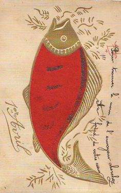 a drawing of a red fish with writing on it's back and bottom corner