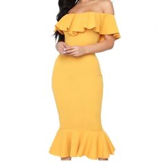 Very Flattering Mustard Yellow Midi Dress With Beautiful Ruffles Size: S Nwt Just Gorgeous & Mermaid Style !! Fitted Yellow Dress With Ruffle Hem, Yellow Fitted Dress With Ruffle Hem, Elegant Yellow Midi Dress With Ruffle Hem, Yellow Ruffled Dress For Date Night, Elegant Yellow Mini Dress With Ruffle Hem, Elegant Yellow Dress With Ruffle Hem, Fitted Yellow Midi Dress With Ruffles, Yellow Fitted Midi Dress With Ruffles, Yellow Ruffled Midi Dress For Date Night