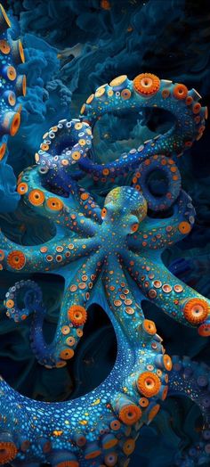 an octopus is swimming in the ocean with orange and blue bubbles on it's body