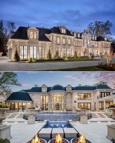 two pictures of a large mansion and fire pit