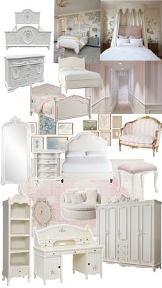 a collage of white furniture and accessories including a bed, dresser, chair, mirror, table