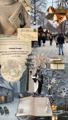 collage of people walking around in the snow with books and lights hanging from them