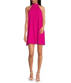 Belle Badgley Mischka Elise Georgette Turtleneck Sleeveless Back Tie Waistless Trapeze Mini Dress | Dillard's Bagdley Mishcka Dress, Summer A-line Crepe Dress, Formal Spring High Neck Halter Dress, Formal High Neck Halter Dress For Spring, Flowy Sleeveless Evening Dress, High Neck Halter Dress For Cocktail, Chic Pink Crepe Dress, High Neck Halter Dress For Summer Cocktails, Feminine Sleeveless Halter Dress For Formal Occasions