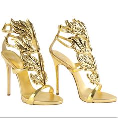 Giuseppe Zanotti Gold Crystal Embellished Coline Wings Leather Sandals. Fit For A Goddess! Love These Beautiful Shoes, I Wore Them For A Photo Shoot And A Party, I Haven’t Needed To Use Them For A While, They Some Signs Of Wear On Back Of The Heel(Left Shoe) Heel Height 5 Inches Size 39 Us 9 Made In Italy Price Firm! Zanotti Shoes, Giuseppe Zanotti Shoes, A Goddess, Gold Crystal, Beautiful Shoes, Giuseppe Zanotti, Women's Shoes Sandals, Leather Sandals, Sandals Heels