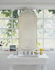 a white sink sitting under a window next to a wall with plants and flowers on it