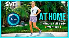 a woman running on a blue mat with the words at home 7 minute full body workout