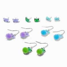 Claire's Pom Pom Critters Mixed Stud & Drop Earrings - 6 Pack Pom Pom Critters, Saving Account, Claires Earrings, Teen Earrings, Earrings For Kids, Stud Drop Earrings, Blue Bear, Purple Cat, Green Frog