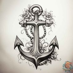 an anchor with flowers and chains on it is shown in this tattoo art design by the artist