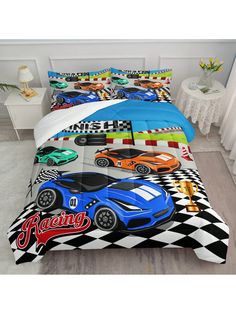 a bed with cars on it in a room