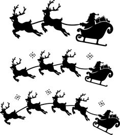 santa's sleigh with reindeers flying through the sky in different positions