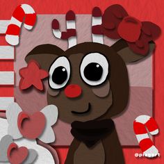 a paper cut out of a brown bear with hearts and candy canes on it's nose