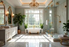 a large bathroom with a tub, sink and shower in the middle of it's floor to ceiling windows