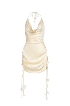 Made from premium silk, its elegant A-line cut and cowl neckline exude sophistication and exclusivity. With its flowing silhouette, this dress is perfect for any event, whether a high-end gala or a night out on the town. Elevate your wardrobe with this must-have piece. Pre-draped Satin Mini Dress For Cocktail, Elegant Satin Dress With Cowl Back For Date Night, Chic A-line Silk Satin Dress, Fitted Silk Satin Pre-draped Dress, Cowl Neck Satin Slip Dress For Gala, Satin Cowl Neck Slip Dress For Gala, Silk Backless Pre-draped Dress, Elegant Satin Slip Dress With Cowl Back, Elegant Backless Slip Dress With Ruched Bodice