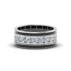 a black and white wedding band with channeled diamonds on the side, set in 18k white gold