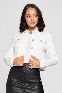 Your seasonal outfits will be envied when you complete your look with our chic white "Brooklyn Denim Jacket" featuring a collared neckline, two accent chest pockets with flap closures, long sleeves with fitted cuffs that can be rolled, and a relaxed button up silhouette that falls into a straight cropped hemline! You can style this trendy piece with a camisole, bodysuit, or summer dress underneath or you can layer it over a fall blouse to add some edginess to your pristine transitional style! Kn White Jean Jacket With Dress, White Button-up Denim Jacket For Day Out, Spring Collared Denim Jacket With Buttoned Pockets, Spring Collared Denim Jacket For Day Out, Spring Cropped Button-up Jacket With Pockets, Chic Denim Jacket With Flap Pockets, Chic Button-up Denim Jacket With Pockets, Chic Long Sleeve Denim Jacket With Flap Pockets, Chic Collared Denim Jacket