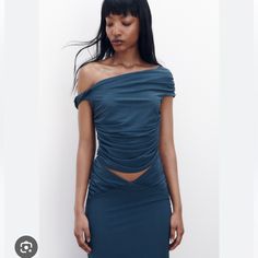 Top With Flowy Neckline And Asymmetrical Sleeves. Draped Fabric. Stretchy Pit To Pit- 17” Length- 18” Blue Off-shoulder Evening Tops, Elegant Blue Ruched Tops, Elegant Ruched Blue Tops, Zara Ruched Tops For Night Out, Zara Ruched Party Tops, Sheer Midi Dress, Asymmetric Top, Bandeau Crop Top, Draped Top