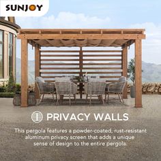 an advertisement for privacy walls in front of a patio with chairs and table on it