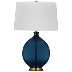 a blue lamp with a white shade on it