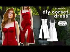 a woman in a red dress with the words diy corset dress