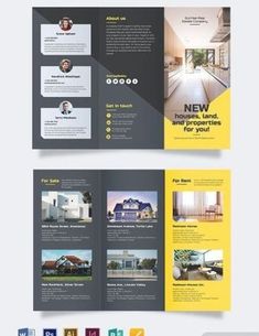 a brochure is shown with yellow and black accents on it, as well as an image of a house