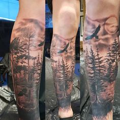 this is an image of a man's leg with trees and birds on it