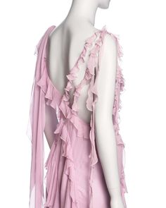 For Sale on 1stDibs - ▪ Brand: Versace ▪ Creative Director: Donatella Versace ▪ Collection: Spring-Summer 2004 ▪ Fabric: Silk ▪ Details: Crafted from pink silk chiffon and is Pre-draped Pink Spring Dress, Pink Sleeveless Pre-draped Dress, Fitted Pink Chiffon Dress With Ruffles, Fitted Pink Chiffon Dress For Evening, Summer Silk Chiffon Dress With Ruffles, Feminine Pink Silk Dress, Pink Silk Feminine Dress, Pink Pre-draped Silk Dress, Pink Feminine Silk Chiffon Dress