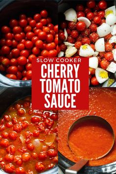 cherry tomato sauce in a slow cooker with the words slow cooker cherry tomato sauce