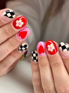 Fun Happy Nails, Red Mix And Match Nails, Mix Match Nail Designs, Chappell Roan Nails, Wlw Nails, 60s Nail Art, Fun Red Nails, Colorful Nails Acrylic, Heart Nail Art Designs