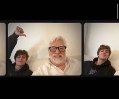 three pictures of an older man with glasses and a white beard sitting on a couch