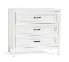 a white dresser with three drawers and two pulls on the bottom drawer, against a white background