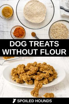 dog treats without flour on a white plate with the words, dog treats without flour