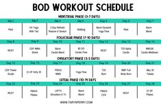 the bod workout schedule is shown in blue and green, with instructions for how to do