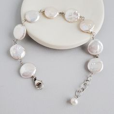 TRACEY coin pearl bracelet Coin Pearl Bracelet, Pearls Bracelets, Handmade Wedding Jewellery, Pearl Bridal Jewelry, Freshwater Pearl Jewelry, Coin Pearls, Jewellery Ideas, Bracelet Ideas, Chain Design