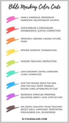 the bible making color code is shown with different colors and font on it, as well as