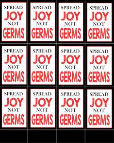 the joy germs stickers are red and black with white lettering on them