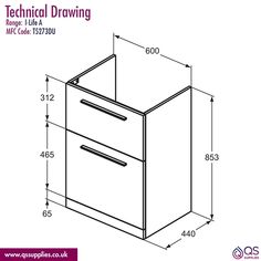 the technical drawing shows an image of a drawer with two drawers and measurements for each drawer