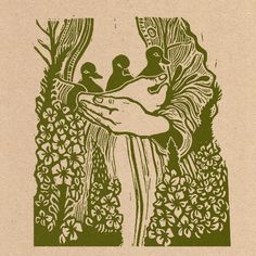 a drawing of a person holding two birds in their hand, with flowers and trees around them