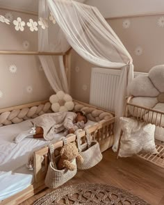 a baby's room is decorated in neutral colors