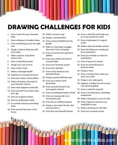 a poster with colored pencils and the words drawing challenges for kids written on it